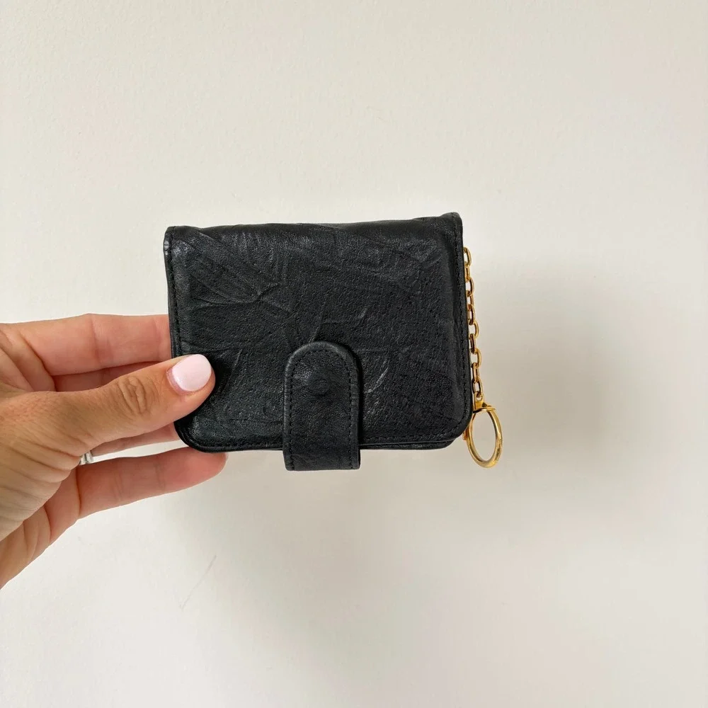Vintage Black Genuine Leather Mini Wallet Keychain ID Window Bifold Coin Purse